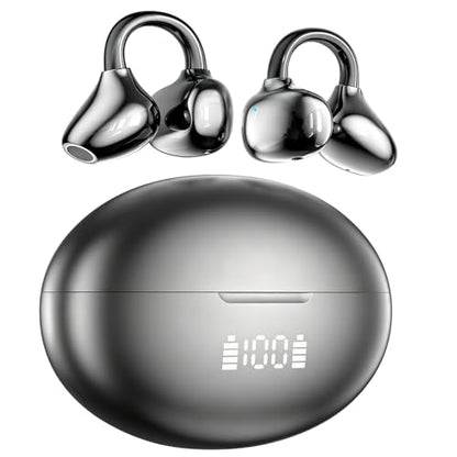 Clip-On Earbuds Open-Ear Wireless Bluetooth 6.1 Headphones with Mic,Bone conduction headphones, Secure Fit for Small Ears & Glasses Wearers,LED digital display, IPX7 Waterproof Sport Ear Buds(Black)