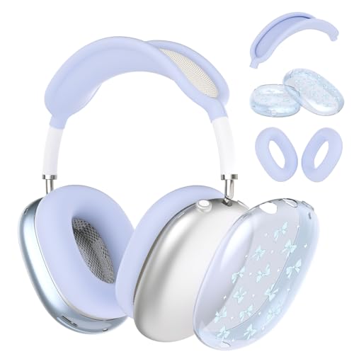 Silicone Case Cover for AirPods Max Headphones, Clear Blue Bows Soft TPU Ear Cups Cover/Ear Pad Case Cover/Headband Cover for AirPods Max (2024/2020), Blue - color: Blue Bow_B/Blue