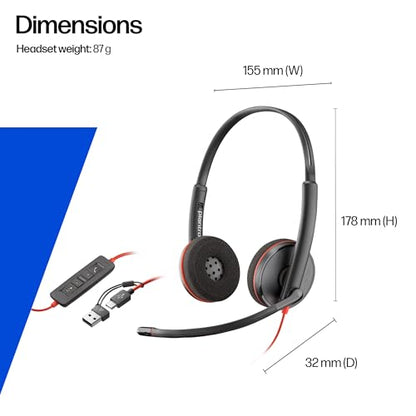 Poly Blackwire 3220 Wired Headset with Mic, Hi-Fi Stereo Sound, Noise-Canceling Mic, Stereo Design, Connect to PC via USB-C & USB-A Adapter, Over-Ear Design, Works with Virtual Meeting Platforms - style: 2023 Version (USB-C & USB-A)