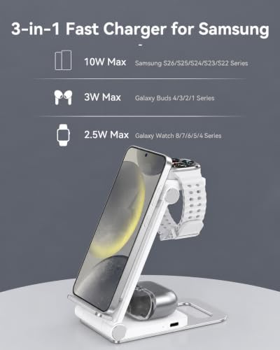Wireless Charger for Samsung, 3 in 1 Wireless Charging Station Foldable | Stand for Galaxy S26 S25 Ultra Plus FE S24 S23 S22 S21 S20 Z Flip/Z Fold/Note Series, Galaxy Watch 9/8/7/6/5/4/3, Galaxy Buds - color: White Grey