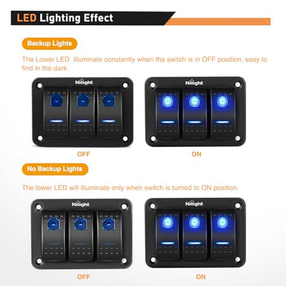 Nilight 90017C 3 Gang Aluminum Panel Toggle Dash 5 Pin On/Off Pre-Wired Rocker Switch Holder for Automotive Car Marine Boat, 2 Years Warranty,Blue - color: Blue, size: 3 Gang