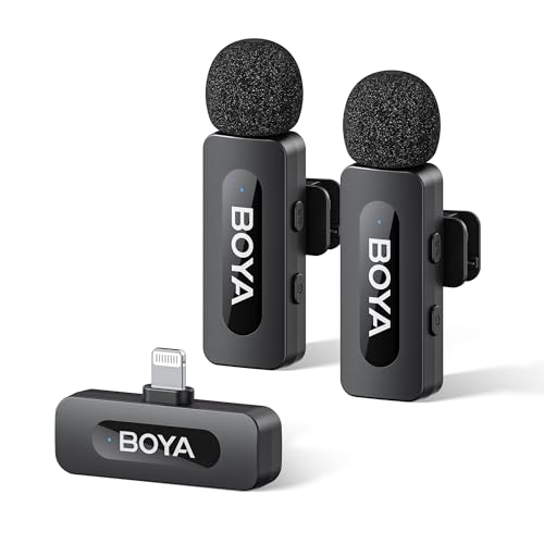 BOYA BY-V2 Wireless Microphones for iPhone iPad with MFi Certified Lightning Port, 328ft Range, 9H Battery Life, Noise Reduction Mini Mic Clip on Lapel Microphone Wireless for Video Recroding