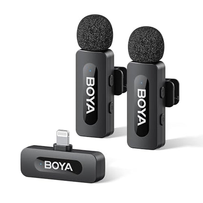 BOYA BY-V2 Wireless Microphones for iPhone iPad with MFi Certified Lightning Port, 328ft Range, 9H Battery Life, Noise Reduction Mini Mic Clip on Lapel Microphone Wireless for Video Recroding