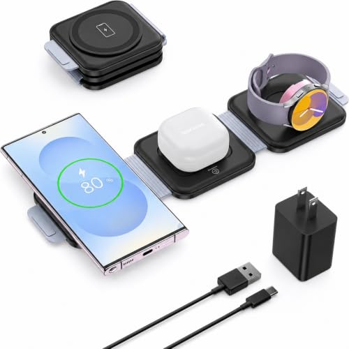 Travel Charger for Samsung Multi Devices, Foldable 3 in 1 Wireless Charging Station Fast Charging Stand/Pad Compatible for Samsung Galaxy S26/S25/S24/S23/S22/Note20 Galaxy Watch8/7/6/5/4/Galaxy Buds4 - color: black grey