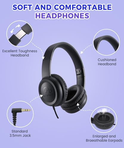UKELALA C3 Kids Headphones Wired, On-Ear Wired Head Phones for Boys Girls with 3.5mm Jack, Foldable, Adjustable Headband, Child Headphone for School Home Airplane Tablet Black - color: Black
