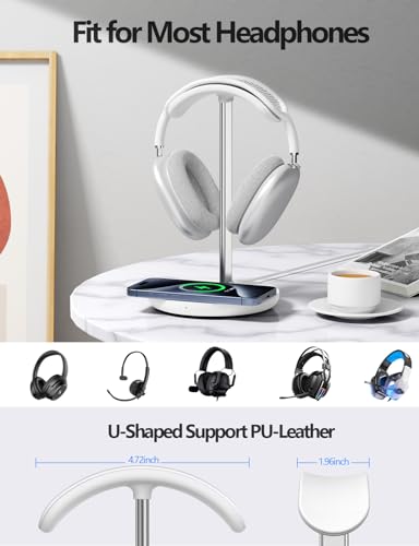 Miroddi Headphone Stand with Wireless Charger, Independent USB Charging Port, 5 in 1 Charging Station Headset Holder Rack for AirPods Max/Pro/4/3/2, iWatch, iPhone, Samsung and Desk Headphones, White - color: White