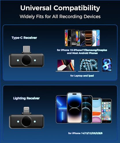 Wireless Lavalier Microphone for iPhone & Android Phones, Clip-on Lapel Mic | AI Noise Reduction & Hi-Fi Audio & 24H Working Time & 50M/164FT Range, for Video Recording/Live Stream/Vlog/Podcast/Interview