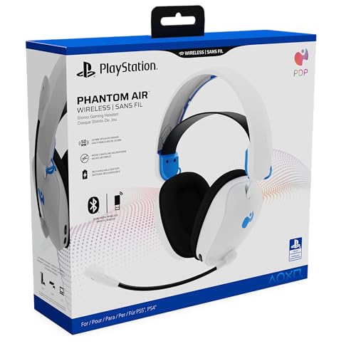 PDP Phantom Air Dual-Mode Wireless Gaming Headset for PlayStation: PS5, PS4, PC, Bluetooth Compatible, Rechargeable 35-Hour Battery, 50mm Drivers, On-ear Headphone Controls, Officially Licensed, White - color: White, style: PlayStation