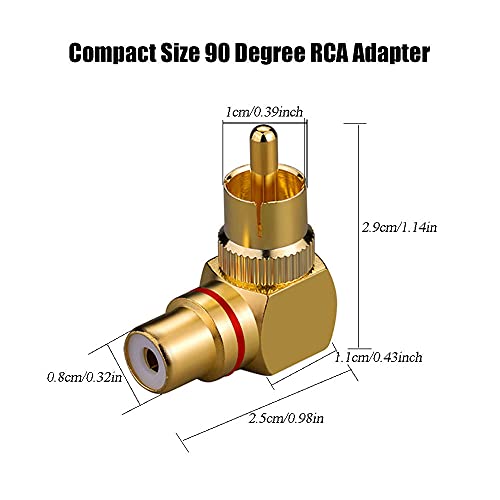 4 Pcs RCA 90 Degree Adapter Gold-Plated Right Angle RCA for Wall Mount TV | 90° Space-saver, Gold-plated resists corrosion, Heavy-duty with 360° grip ring, Fits DVD/TV/soundbar/AV, for wall TV & sub
