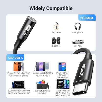 UGREEN USB C to 3.5mm Audio Adapter, Hi-Res 32bit/384KHz Type C Aux Dongle | Compatible with iPhone 17 Pro Max/17/16/15 Galaxy S26 Ultra S25 S24 S23 A55 A56 iPad Air 11/13 Pixel 10/9/8