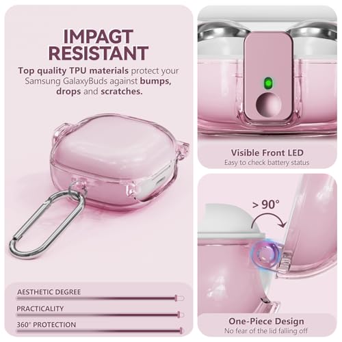 Inesore Case for Samsung Galaxy Buds FE/Buds 2/Pro/Live (Pink) | Safety Lock Design Prevents Loss, Clear Anti-Yellow PC Shell, 3-in-1 Cleaning Tool, Metal Clasp, Silicone Lanyard - color: A4-Pink+Bi