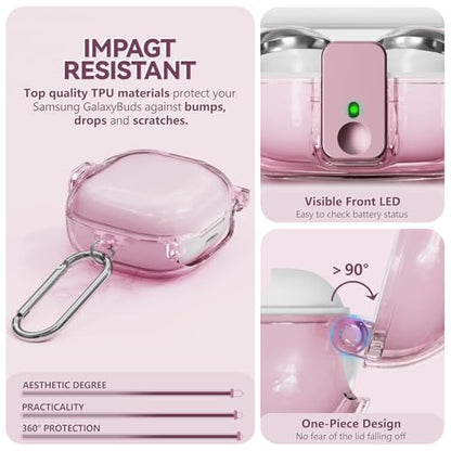 Inesore Case for Samsung Galaxy Buds FE/Buds 2/Pro/Live (Pink) | Safety Lock Design Prevents Loss, Clear Anti-Yellow PC Shell, 3-in-1 Cleaning Tool, Metal Clasp, Silicone Lanyard - color: A4-Pink+Bi