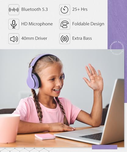 rockpapa E7 Wired/Wireless Bluetooth Headphones with Mic, 25 Hours Playtime | 2 in 1 Wire less Blue tooth Head Phones Foldable Lightweight for Kids Boys Girls Youth in School Airplane Car Purple - color: Purple Black, style: without Case