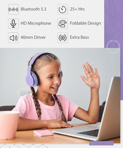 rockpapa E7 Wired/Wireless Bluetooth Headphones with Mic, 25 Hours Playtime | 2 in 1 Wire less Blue tooth Head Phones Foldable Lightweight for Kids Boys Girls Youth in School Airplane Car Purple - color: Purple Black, style: without Case