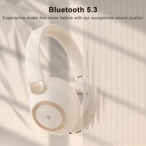 Active Noise Cancelling Headphones, 100H Playtime Headphones Wireless Bluetooth, Bluetooth Headphone with Microphone, Over- Ear Wireless Headphone with Deep Bass for Travel - color: Beige