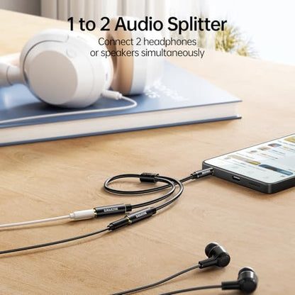 SAMZHE Headphone Splitter 3.5mm 1 Male to 2 Female Y Aux Cable, 24K Gold-Plated OFC Hi-Fi Stereo Cord No Mic, 9.8 Inch for PS5 PS4 Switch Xbox iPhone iPad Car Laptop Audio
