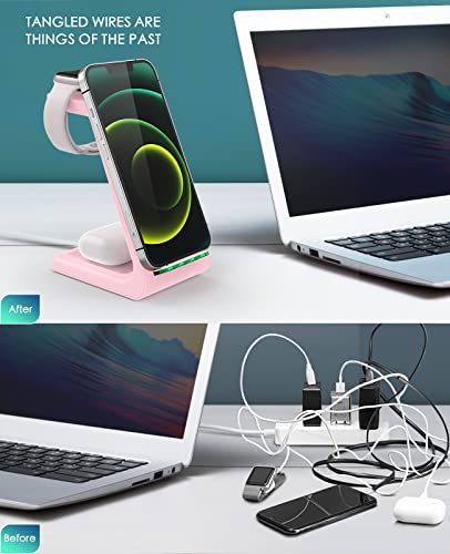 3 in 1 Wireless Charging Station, 2026 Upgraded Fast Desk Charger Station for iPhone 17 16 15 14 13 12 Pro Max Plus, Charger Stand for Apple Watch 10 9 8 7 6 5 4 3 2 SE, Airpods 4 3 2 Pro(Pink) - color: C-Pink