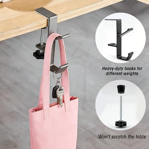 Headphone Holder for Desk, Double Hook Desk Hook, Bag Holder with Clamp for Table Desk Under Counter, Grey - color: Gray