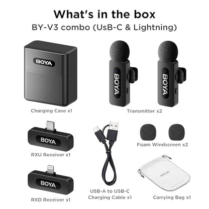 BOYA BY-V3 Combo Wireless Microphone for iPhone Android Smartphone,100M Los Range,36H Duration,Noise Cancellation,Plug&Play Lavalier Lapel Mics for Vlogging Interview 2-in-1 Charging Case(2TX+2RX) - style: BY-V3 Combo(2TX+2RX+CC)