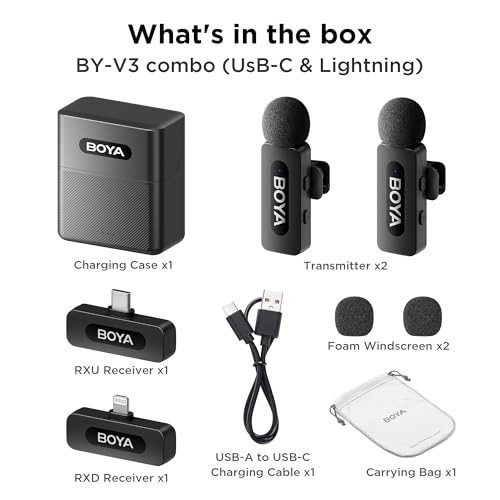 BOYA BY-V3 Combo Wireless Microphone for iPhone Android Smartphone,100M Los Range,36H Duration,Noise Cancellation,Plug&Play Lavalier Lapel Mics for Vlogging Interview 2-in-1 Charging Case(2TX+2RX) - style: BY-V3 Combo(2TX+2RX+CC)