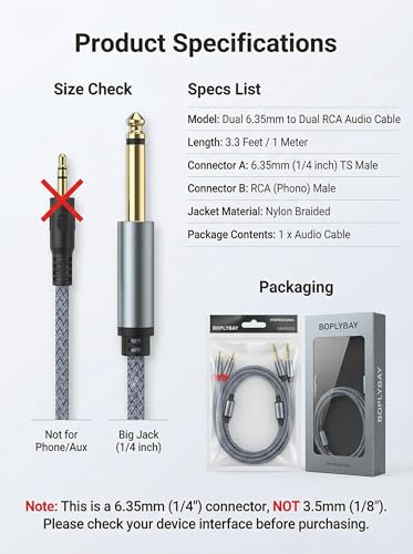 Dual RCA to Dual 1/4 Inch Cable 3.3ft, 2 RCA Male to 6.35mm Male TS Audio Adapter, Gray Nylon Braided Cord for Mixer, Amplifier, Speaker, Powered Subwoofer, Home Theater (1 Meter)