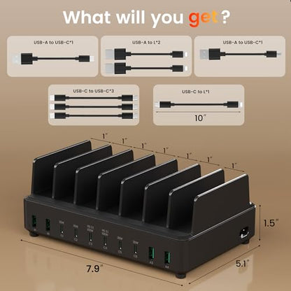 400W Charging Station for Multiple Devices, USB C Charger Organizer Dock | Dual 100W PD Ports, with 8 Cables,10 Port, 4 USB-A, 6USB-C, Compatible for MacBook iPhone iPad Laptop Cell Phone Tablet