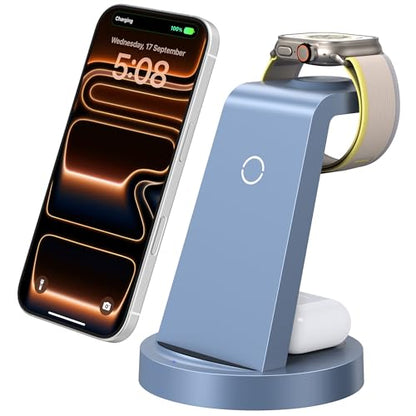 Anlzm 3 in 1 Charging Station for iPhone, Wireless Charger for iPhone 17 16e 16 15 14 13 12 11 X Pro Max & Apple Watch - Charging Stand Dock for AirPods (Blue) - color: Blue