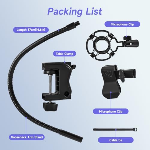 Gooseneck Microphone Stand, Flexible Adjustable Mic Arm with Desk Clamp, 360° Rotatable Desk Mount Mic Holder with Cable Ties & 3/8'' to 5/8'' Adapter for Podcast, Streaming, Gaming
