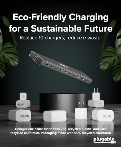 Plugable 10 Port USB C Charging Station, Up to 100W Charger for Multiple Devices with Priority Charging, Desktop Power Hub for USBC Devices Including Laptops Phones Tablets Earbuds and More (PS-10CC)
