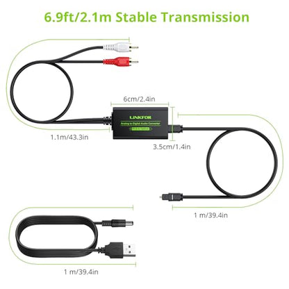 LiNKFOR Analog to Digital Audio Converter RCA to Digital Toslink SPDIF Optical Audio Converter with Optical Cable for Turntable CD DVD to Soundbar | RCA to Digital Toslink SPDIF Optical Audio Converter with Optical Cable for Turntable CD DVD to Soundbar -