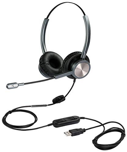USB Headset with Microphone for PC Laptop, Computer Headset Headphones with Mic Noise Cancelling in-line Controls for Home Office Call Center Business Softphones Teams Zoom Skype Online Class and More