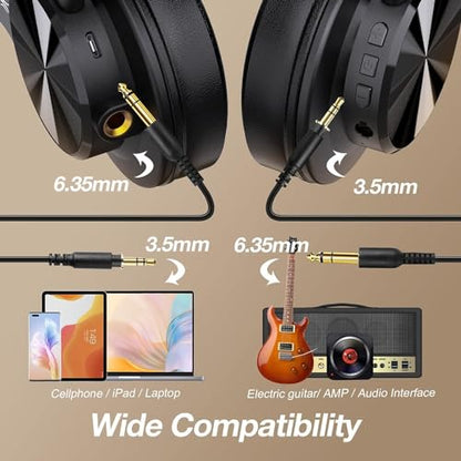 OneOdio A70 Bluetooth Over-Ear Headphones, Hi-Res Wired DJ Studio - Black | Wireless over-ear headphones with 72H playtime, 3.5mm/6.35mm wired jacks for studio monitoring, mixing, guitar, amp and PC - color: Black