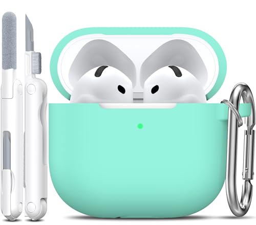 for AirPods 4th Case Cover with Cleaner Kit, Soft Skin Silicone Case Cover with Keychain, Full Protective Case for Men and Women, Compatible with Apple Latest AirPods 4 Case 2024, Mint Green - color: C Mint Green
