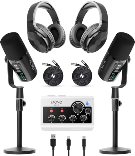 Movo PodPro+ Podcast Equipment Bundle for iPhone & Android – Professional Podcast Kit with Audio Interface, 2 Dynamic Mics, 2 Headphones, and Table Stands – Compatible with Smartphones, PC, and Mac - style: with Desk Stands and Headphones