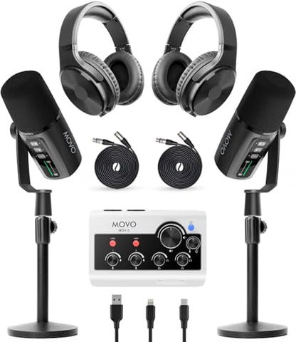 Movo PodPro+ Podcast Equipment Bundle for iPhone & Android – Professional Podcast Kit with Audio Interface, 2 Dynamic Mics, 2 Headphones, and Table Stands – Compatible with Smartphones, PC, and Mac - style: with Desk Stands and Headphones