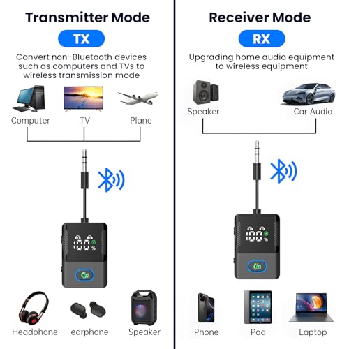 Bluetooth Transmitter Receiver for Airplane, TVs, 2 in 1 Wireless Bluetooth 5.3 Adapter Compatible with 2 Headphones, Cell Phones, 3.5mm AUX Jack Car Transmitter with LED Digital Display - color: Black