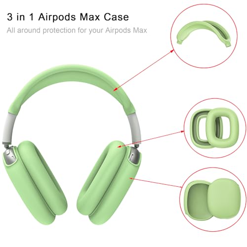 3 in 1 Silicone Case Cover Compatible with Apple Airpods Max Headphones(2026/2024/2020), Anti-Scratch Ear Pad Case Cover Ear Cups Cover and Headband Cover Compatible with Apple Airpod Max 2/1 (Green) - color: Green