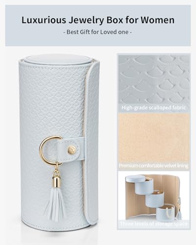 VLANDO Travel Jewelry Organizer, 3 Tier Roll Up Design, Hard Shell Storage | Stepped Sections Compartments Keep Jewelry Visible, Soft Lining Protect Pieces, Snap Closure, Travel Gift for Women Girl - color: Light Blue