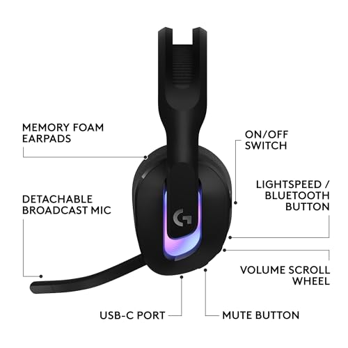 Logitech G522 Lightspeed Wireless Gaming Headset - Black | For PC, 2.4 GHz, Bluetooth & USB-C , <60 Hr Battery, 48 kHz/24 bit Audio, Detachable 48 kHz/16 bit Blue VO!CE Mic, RGB - color: Black