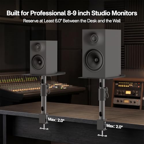 Heavy-Duty Desk Studio Monitor Stand Pair, Height Extend Desktop Speaker Stands, Tilt & Swivel Adjustable 9.3" x 8.9" Plate for KRK, JBL, Klipsch, PreSonus & Polk Audio, Built-in Cable Management