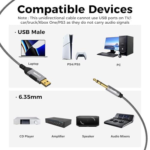 USB to 6.35mm TRS Stereo Audio Cable 25 FT, USB-A to 1/4" Audio Adapter Aux Jack Stereo Cord, Gold-Plated Connector, Nylon Braided Jacket, DAC Chip, for Laptop, Amplifier, Mixer, Home Theater, Speaker - size: 25FT