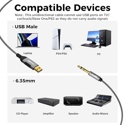 USB to 6.35mm TRS Stereo Audio Cable 25 FT, USB-A to 1/4" Audio Adapter Aux Jack Stereo Cord, Gold-Plated Connector, Nylon Braided Jacket, DAC Chip, for Laptop, Amplifier, Mixer, Home Theater, Speaker - size: 25FT