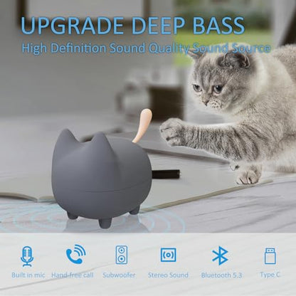 gingo Cute Cat Bluetooth Speaker (Gray) | Cat-shaped silicone tail, 40H playtime, TWS pairing, hands-free mic, BT5.3, 70g light, perfect home/office/outdoor/gift - color: Gray