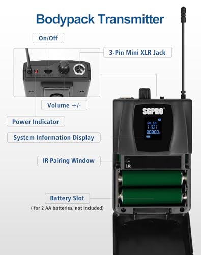 SGPRO SG-400FHB 4-Channel Wireless Microphone System | 2 handheld and 2 headset mics, 250 ft range, Metal mics and receiver, Fixed frequency, Events and live performance