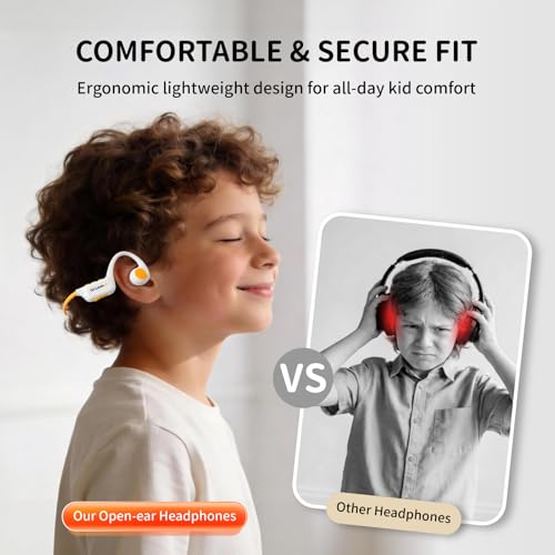 Kids Headphones - Bluetooth 6.0 Air Conduction Open Ear Kids Bluetooth Headphones - 85dB Safe Volume, IPX4 Waterproof - with Mic for School, Gaming, Sleeping, White