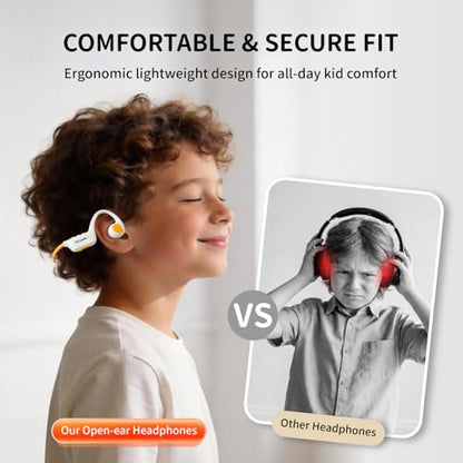 Kids Headphones - Bluetooth 6.0 Air Conduction Open Ear Kids Bluetooth Headphones - 85dB Safe Volume, IPX4 Waterproof - with Mic for School, Gaming, Sleeping, White
