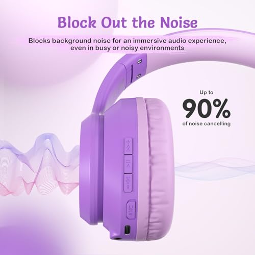 TONOSHARK Kids Bluetooth Headphones with ANC for School Travel Gift | Wireless Over-Ear Headphones for Boys Girls, Foldable, Adjustable, Safe Volume, 40H Playtime, Mic for School Travel - color: Purple