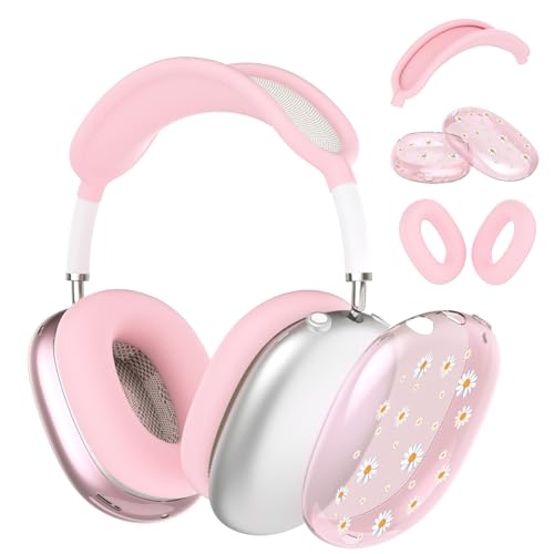 Silicone Case Cover for AirPods Max Headphones, Clear Cute Daisy Soft TPU Ear Cups Cover/Ear Pad Case Cover/Headband Cover for AirPods Max (2024/2020), Pink - color: Daisy_B/Pink