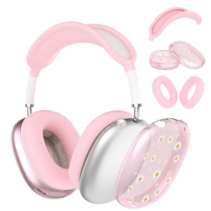 Silicone Case Cover for AirPods Max Headphones, Clear Cute Daisy Soft TPU Ear Cups Cover/Ear Pad Case Cover/Headband Cover for AirPods Max (2024/2020), Pink - color: Daisy_B/Pink