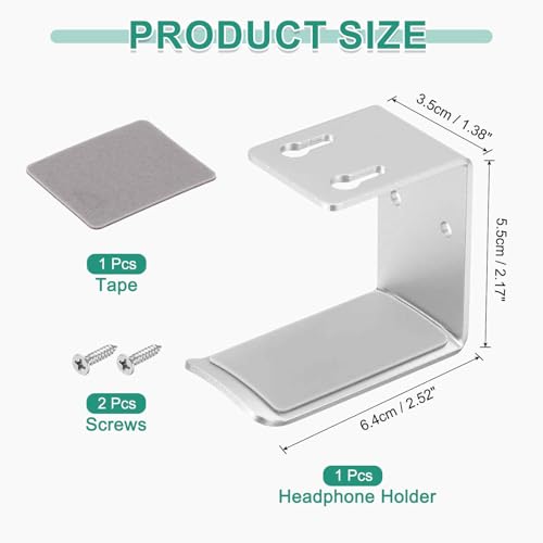 HARFINGTON Headphone Holder Stand Aluminum Headset Hook Headphone Clip Under Desk Hanger with Tape and Screws for Bedrooms Study Libraries Offices, Silver - color: Silver